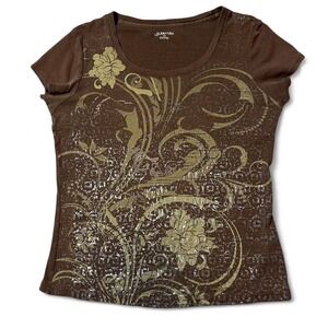 Brown y2k style tee with textured print  size large